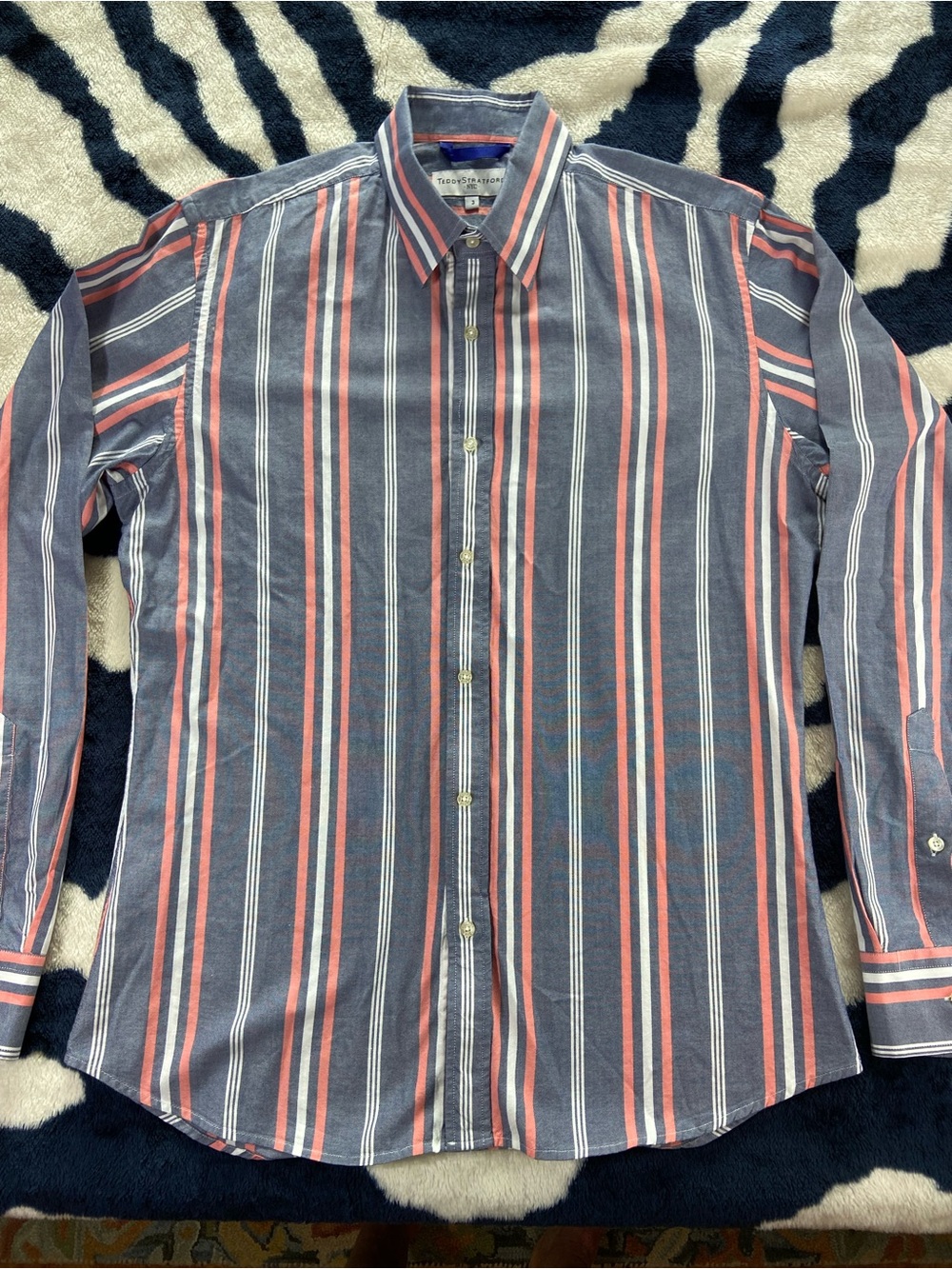 Teddy Stratford Zipfit Men's M/L Hidden Zipper Long-Sleeve Striped Dress Shirt
